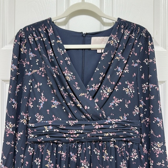 Gal Meets Glam Kelsey Long Sleeve Floral Blue Midi Dress Size 6 - Picture 6 of 10